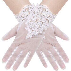 Women's Lvory 09 Floral Short Length Lace Tulle Mesh Wrist Wedding Party Gloves